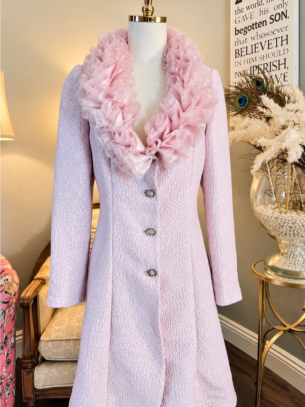 Vintage Aurora Pink Coat Ruffle Collar Rhinestone Buttons Cottagecore Regency